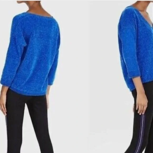 Express Cobalt Blue Chenille 3/4 Sleeve Cropped Loose Fit Sweater US Small - Picture 2 of 13